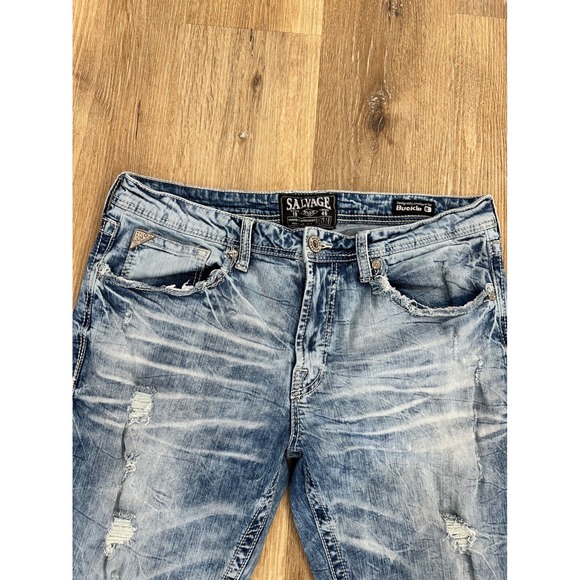 Salvage Mayhem Straight Leg Distressed Jeans Mens 36x32 Blue Buckle SLVG - Picture 2 of 8